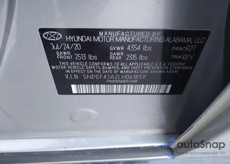 2020 Hyundai Sonata Sel z USA, uszkodzony, nr VIN 5NPEF4JA2LH061859